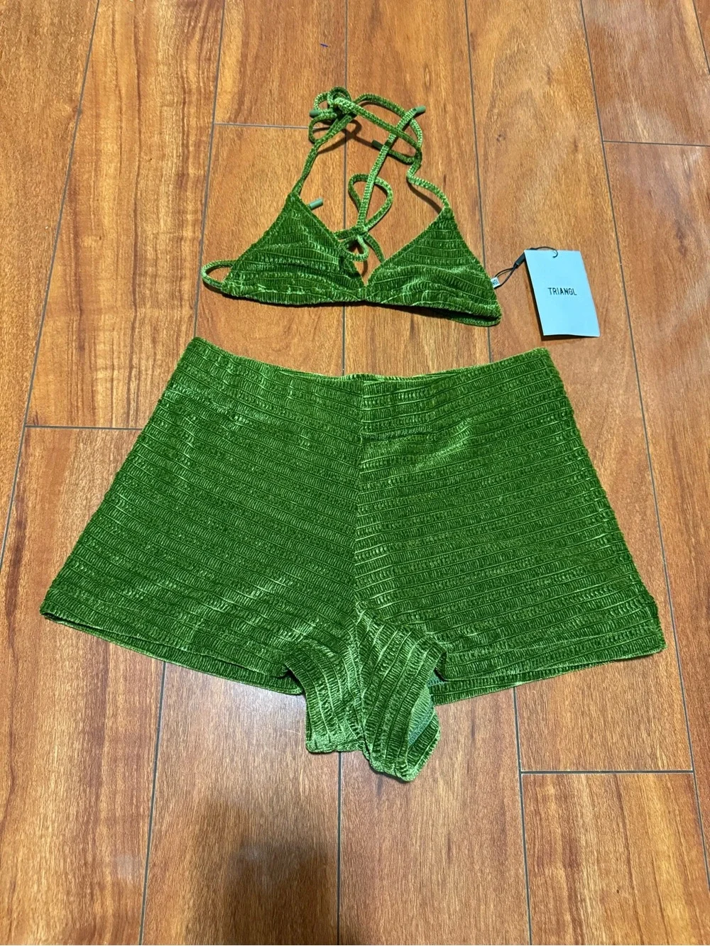 REPOP triangl swimwear Green Velvet Textured Bikini Top & Shorts Set